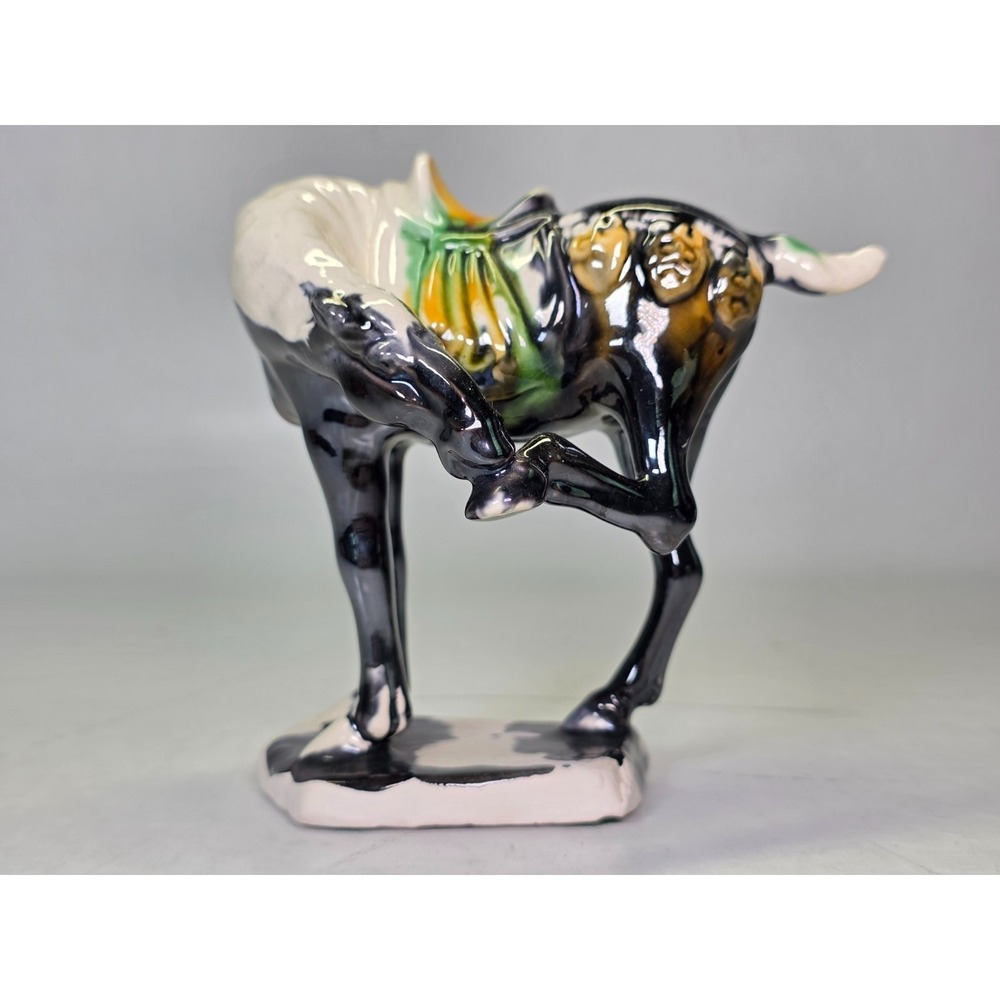 Vintage Chinese Tang Dynasty Style Drip Glaze Ceramic War Black Horse Figurine